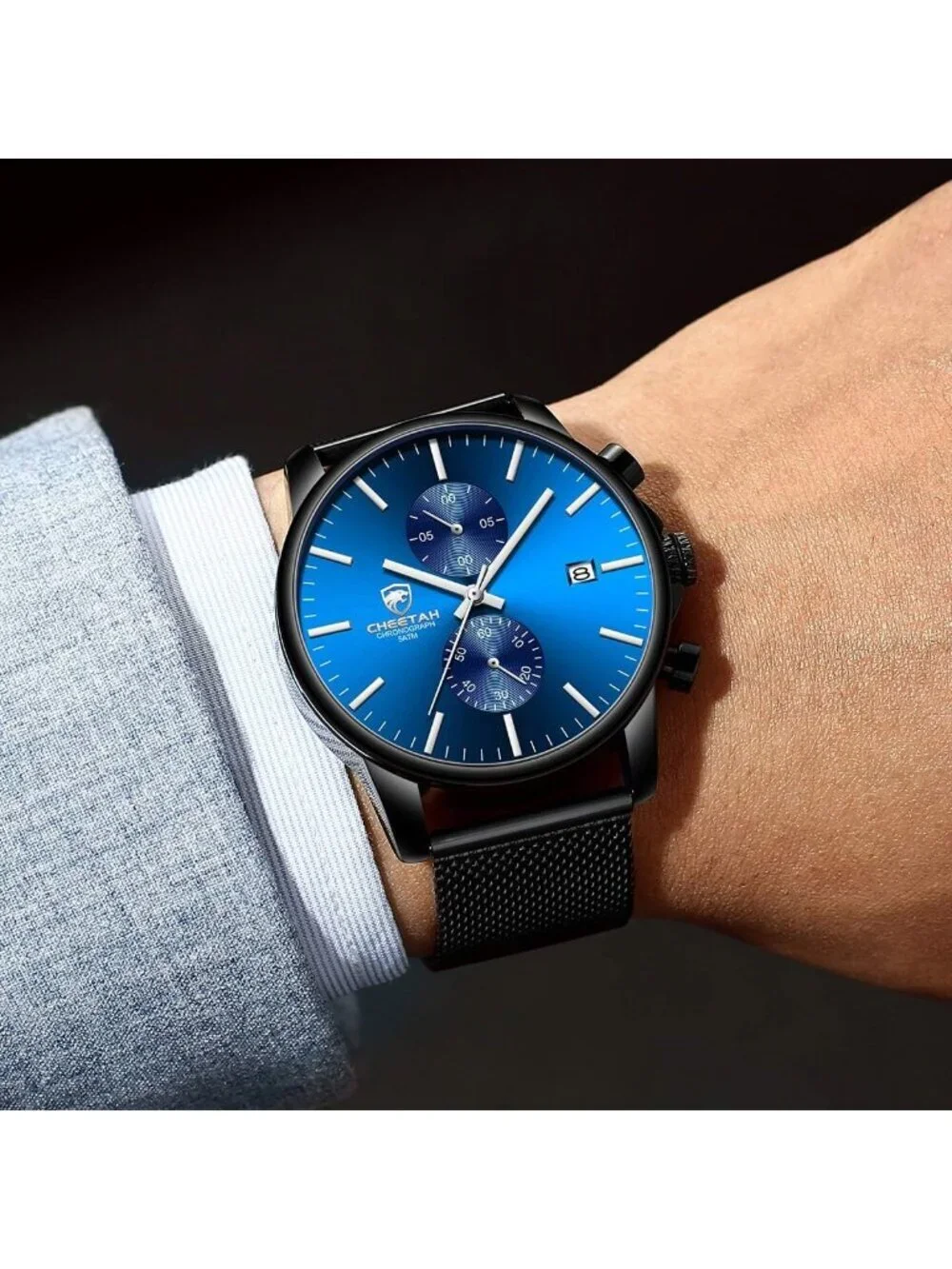 Men's Dark Blue Black Quartz Analog Mesh Strap Stainless Steel Chronograph Watch